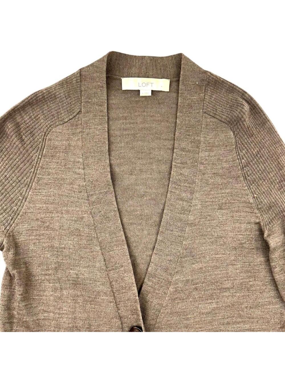 LOFT Button Down Cardigan Sweater Taupe Brown Tan Preppy Minimal - Picture 4 of 8